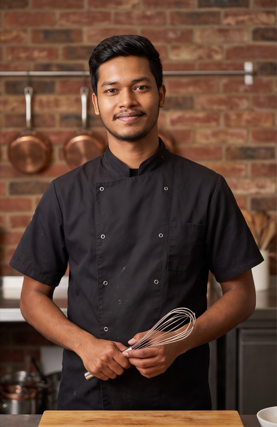 Shoikot, private chef in Eindhoven, in his kitchen holding a whisk
